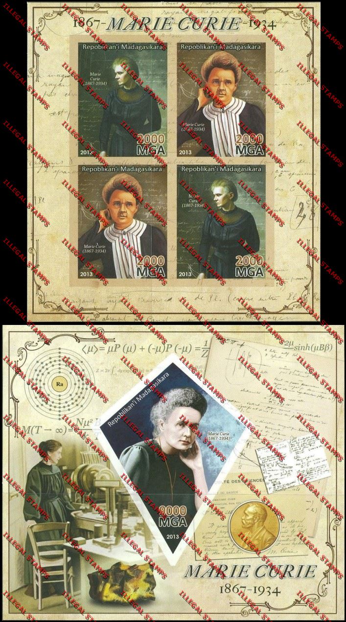 Madagascar 2013 Marie Curie Illegal Stamp Souvenir Sheet and Sheetlet Madagascar 2013 Marie Curie Illegal Stamp Souvenir Sheet and Sheetlet