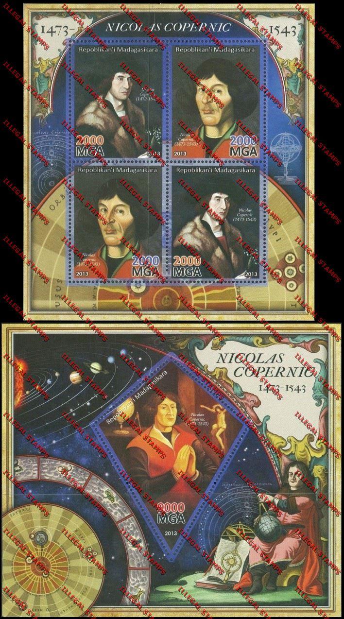 Madagascar 2013 Nicolas Copernicus Illegal Stamp Souvenir Sheet and Sheetlet Madagascar 2013 Nicolas Copernicus Illegal Stamp Souvenir Sheet and Sheetlet