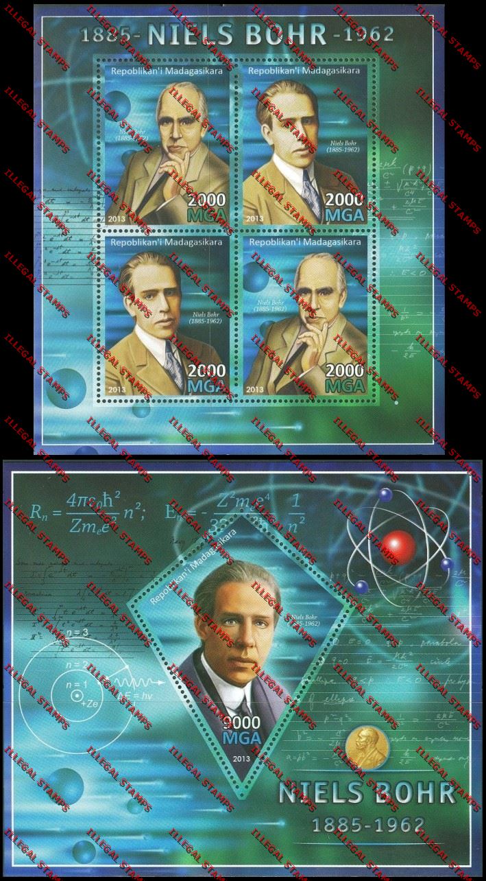 Madagascar 2013 Niels Bohr Illegal Stamp Souvenir Sheet and Sheetlet Madagascar 2013 Niels Bohr Illegal Stamp Souvenir Sheet and Sheetlet
