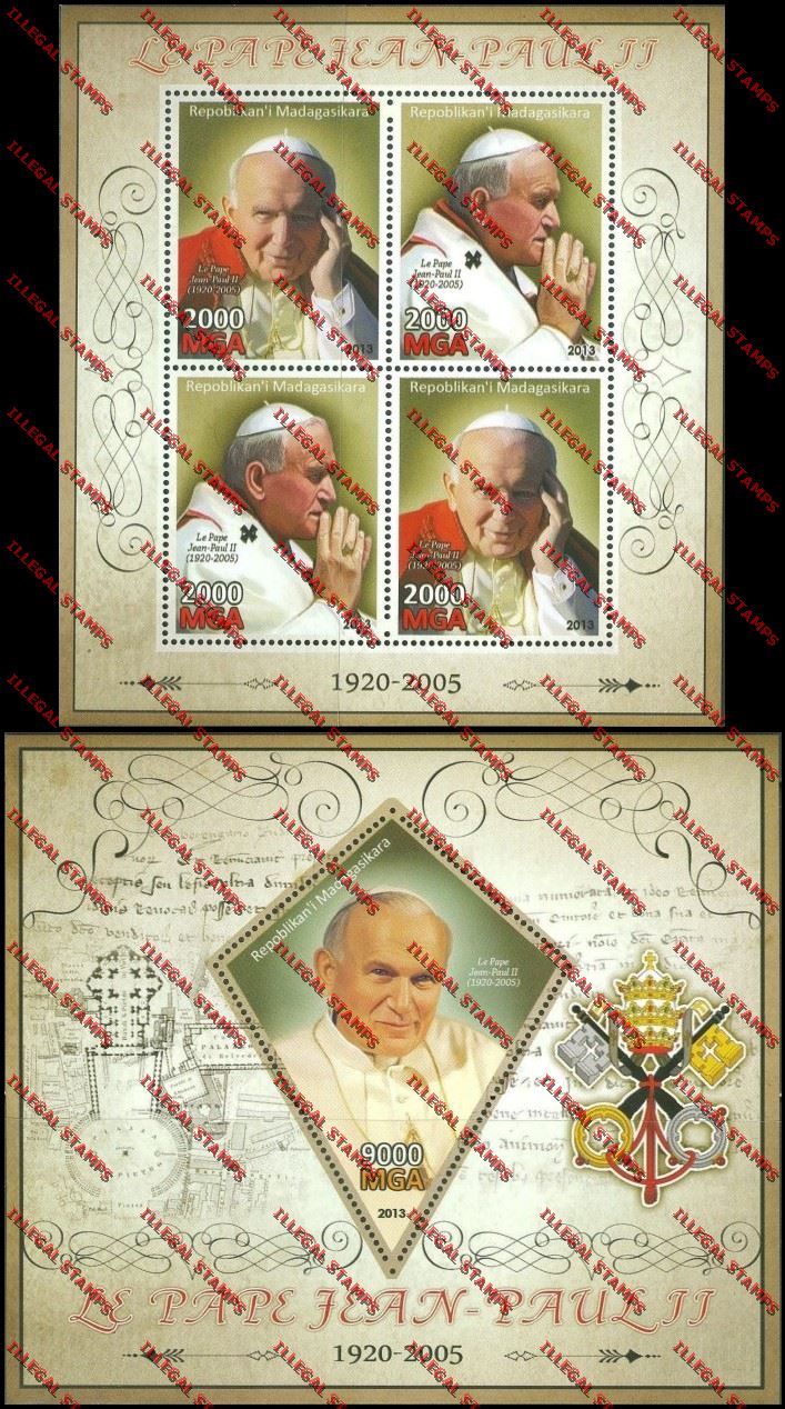 Madagascar 2013 Pope John Paul II Illegal Stamp Souvenir Sheet and Sheetlet Madagascar 2013 Pope John Paul II Illegal Stamp Souvenir Sheet and Sheetlet