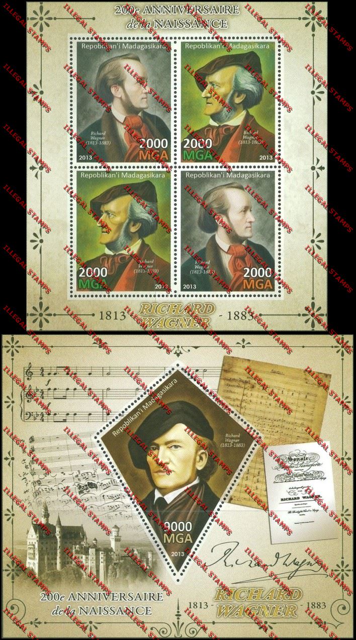 Madagascar 2013 Richard Wagner Illegal Stamp Souvenir Sheet and Sheetlet Madagascar 2013 Richard Wagner Illegal Stamp Souvenir Sheet and Sheetlet