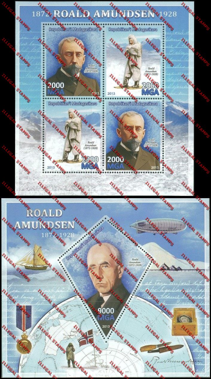 Madagascar 2013 Roald Amundsen Illegal Stamp Souvenir Sheet and Sheetlet Madagascar 2013 Roald Amundsen Illegal Stamp Souvenir Sheet and Sheetlet