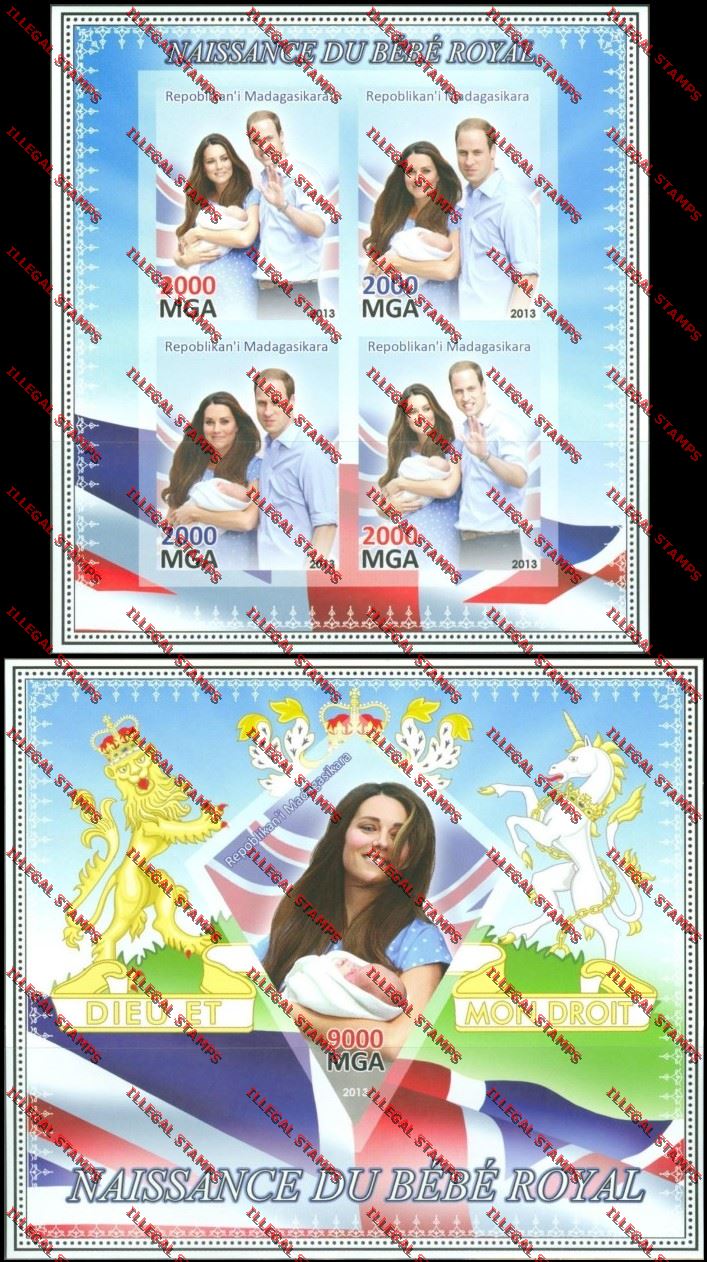 Madagascar 2013 Birth of the Royal Baby Illegal Stamp Souvenir Sheet and Sheetlet Madagascar 2013 Birth of the Royal Baby Illegal Stamp Souvenir Sheet and Sheetlet