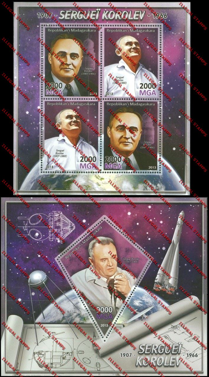 Madagascar 2013 Sergey Korolev Illegal Stamp Souvenir Sheet and Sheetlet Madagascar 2013 Sergey Korolev Illegal Stamp Souvenir Sheet and Sheetlet