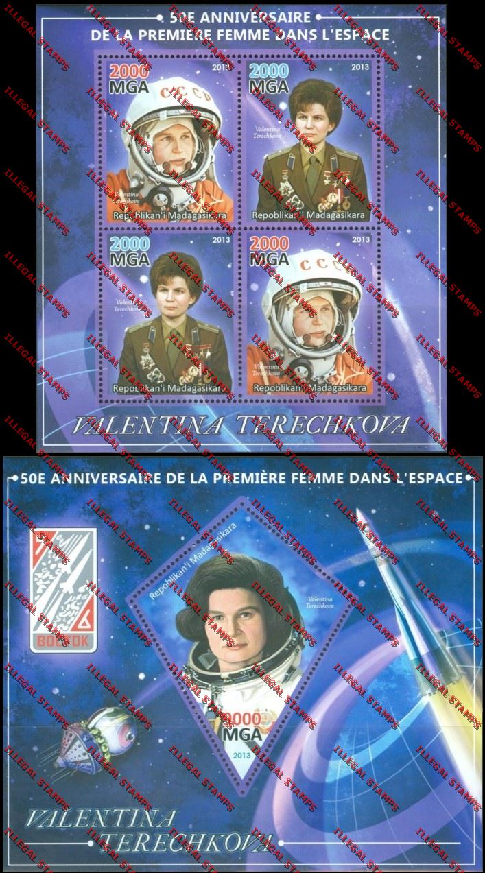 Madagascar 2013 Valentina Terechkova Illegal Stamp Souvenir Sheet and Sheetlet Madagascar 2013 Valentina Terechkova Illegal Stamp Souvenir Sheet and Sheetlet