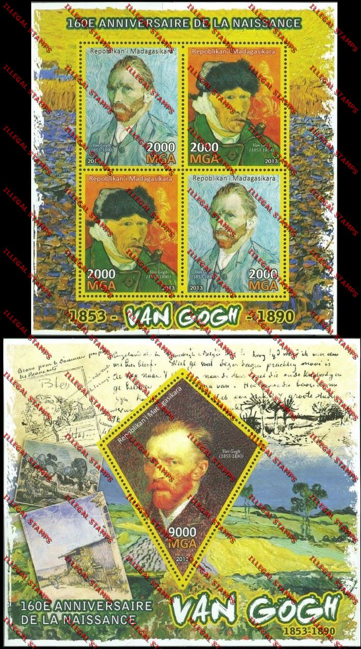 Madagascar 2013 Vincent Van Gogh Illegal Stamp Souvenir Sheet and Sheetlet Madagascar 2013 Vincent Van Gogh Illegal Stamp Souvenir Sheet and Sheetlet