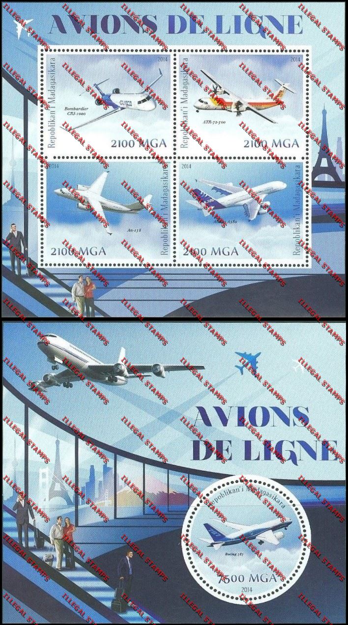 Madagascar 2014 Airliners Illegal Stamp Souvenir Sheet and Sheetlet Madagascar 2014 Airliners Illegal Stamp Souvenir Sheet and Sheetlet