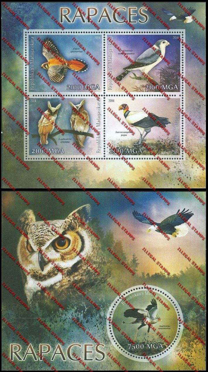 Madagascar 2014 Birds of Prey Illegal Stamp Souvenir Sheet and Sheetlet Madagascar 2014 Birds of Prey Illegal Stamp Souvenir Sheet and Sheetlet