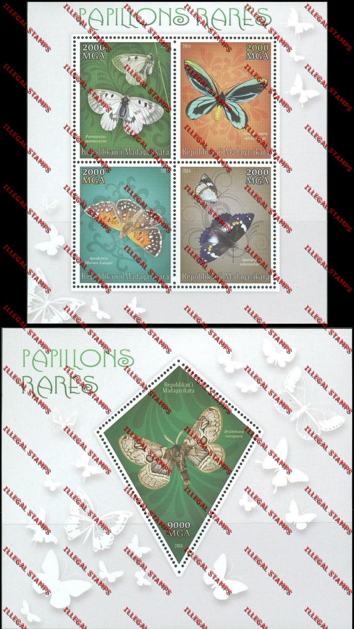 Madagascar 2014 Butterflies Illegal Stamp Souvenir Sheet and Sheetlet Madagascar 2014 Butterflies Illegal Stamp Souvenir Sheet and Sheetlet