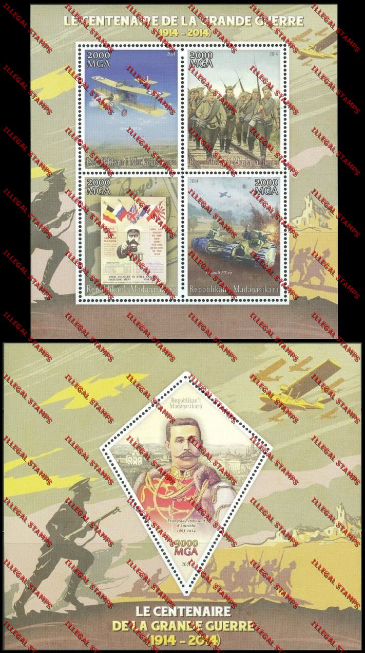 Madagascar 2014 Centenary of World War I Illegal Stamp Souvenir Sheet and Sheetlet Madagascar 2014 Centenary of World War I Illegal Stamp Souvenir Sheet and Sheetlet