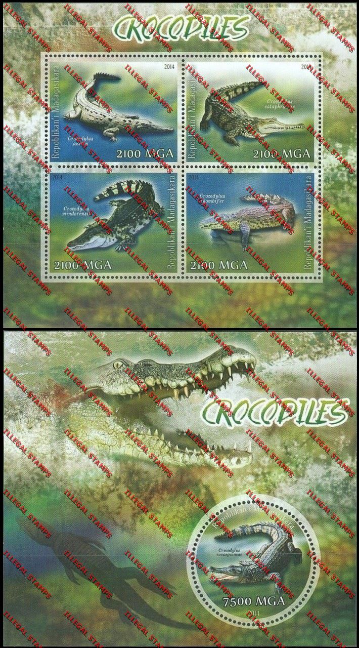 Madagascar 2014 Crocodiles Illegal Stamp Souvenir Sheet and Sheetlet Madagascar 2014 Crocodiles Illegal Stamp Souvenir Sheet and Sheetlet