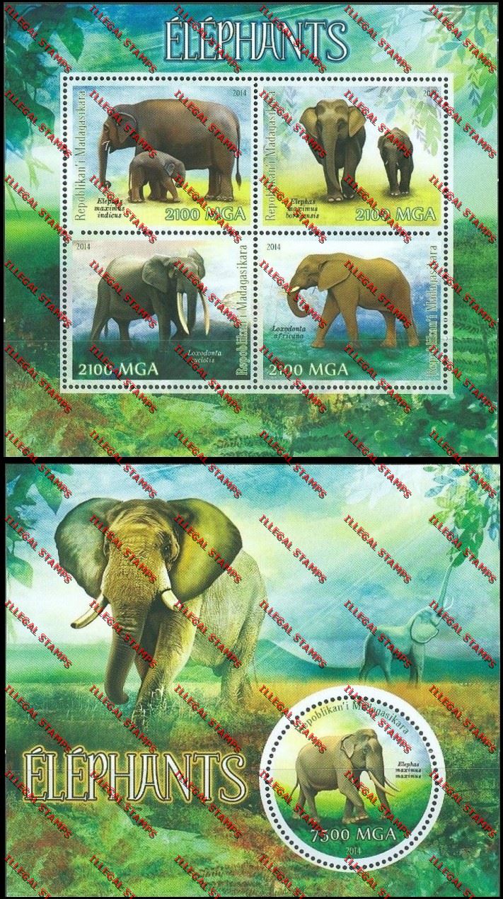 Madagascar 2014 Elephants Illegal Stamp Souvenir Sheet and Sheetlet Madagascar 2014 Elephants Illegal Stamp Souvenir Sheet and Sheetlet