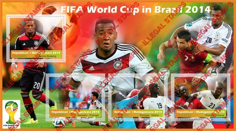 Madagascar 2014 FIFA World Cup Soccer Illegal Stamp Souvenir Sheet of 4 Madagascar 2014 FIFA World Cup Soccer Illegal Stamp Souvenir Sheet of 4