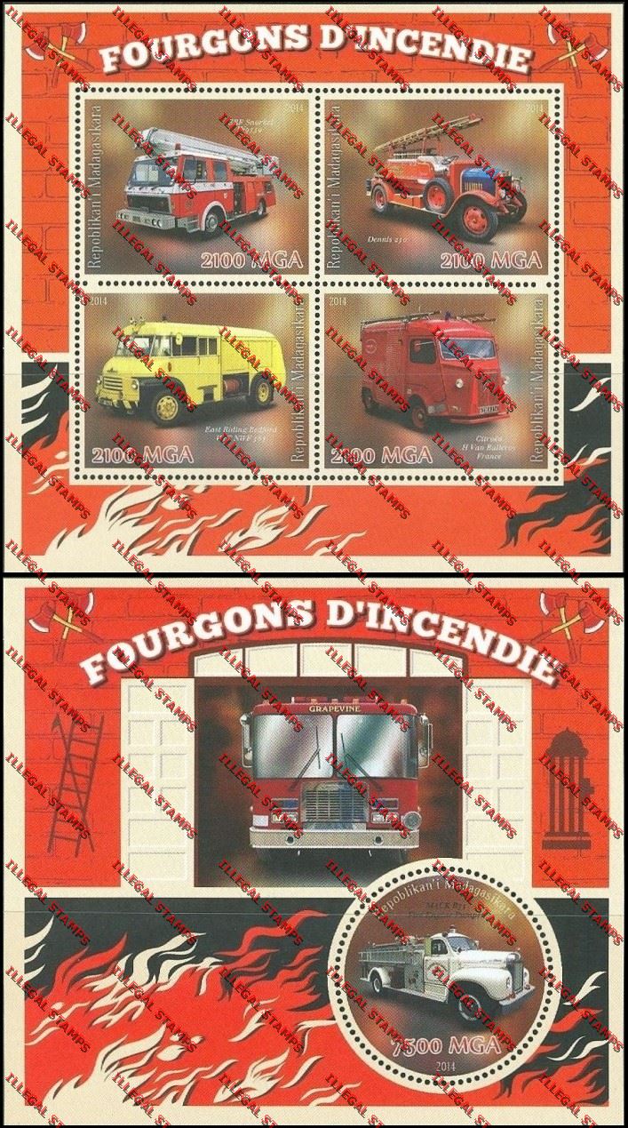 Madagascar 2014 Fire Engines Illegal Stamp Souvenir Sheet and Sheetlet Madagascar 2014 Fire Engines Illegal Stamp Souvenir Sheet and Sheetlet