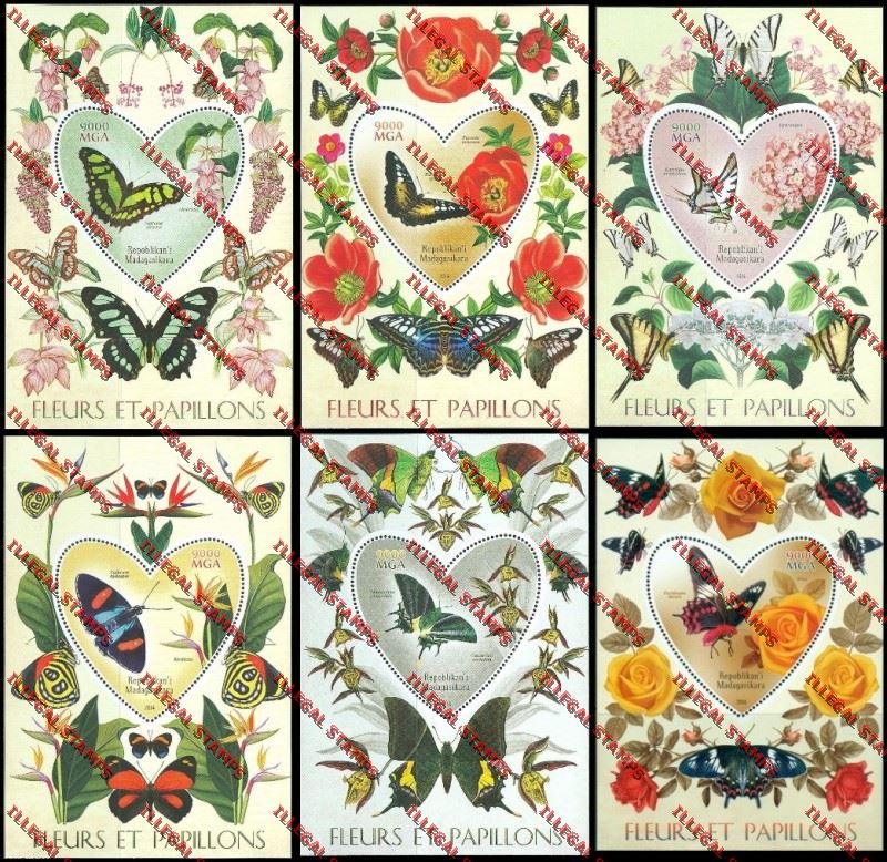 Madagascar 2014 Flowers and Butterflies Illegal Stamp Souvenir Sheets Madagascar 2014 Flowers and Butterflies Illegal Stamp Souvenir Sheets