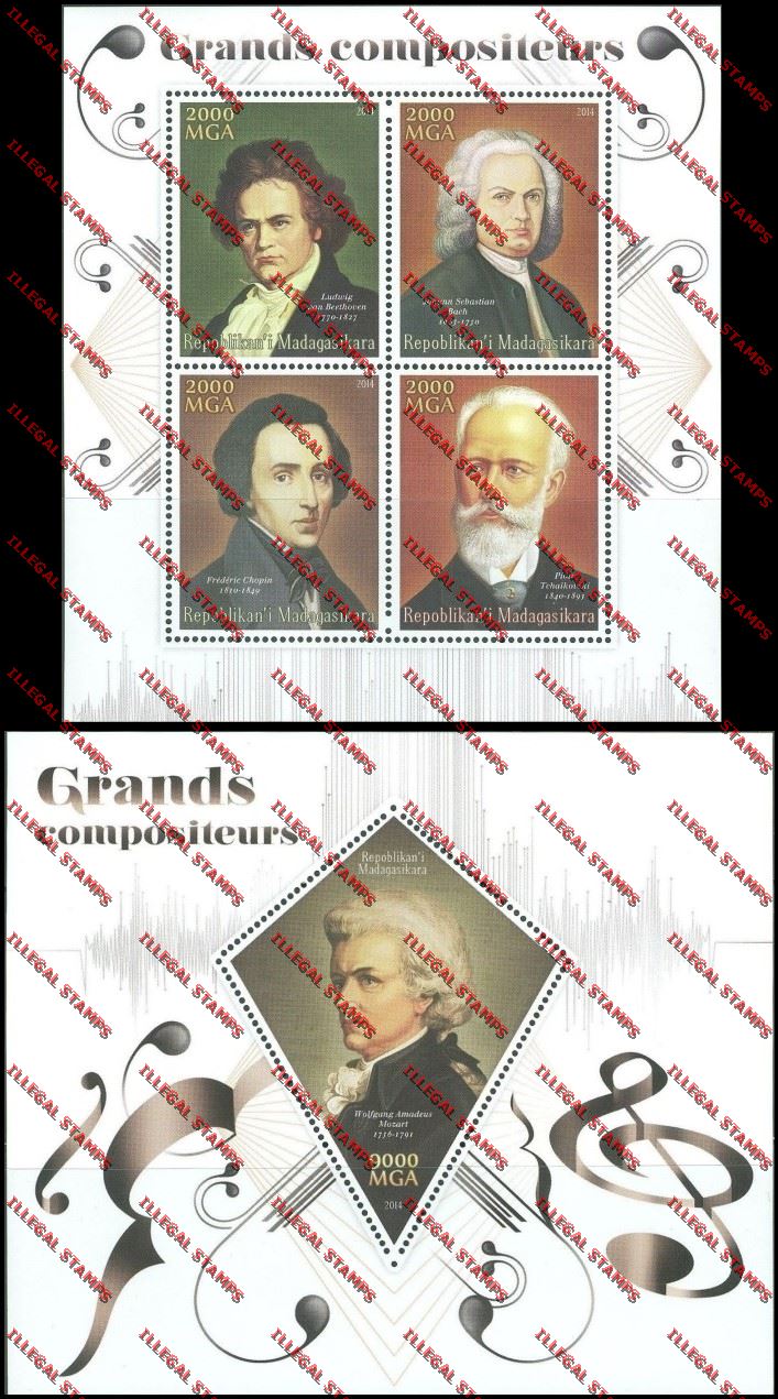 Madagascar 2014 Great Composers Illegal Stamp Souvenir Sheet and Sheetlet Madagascar 2014 Great Composers Illegal Stamp Souvenir Sheet and Sheetlet