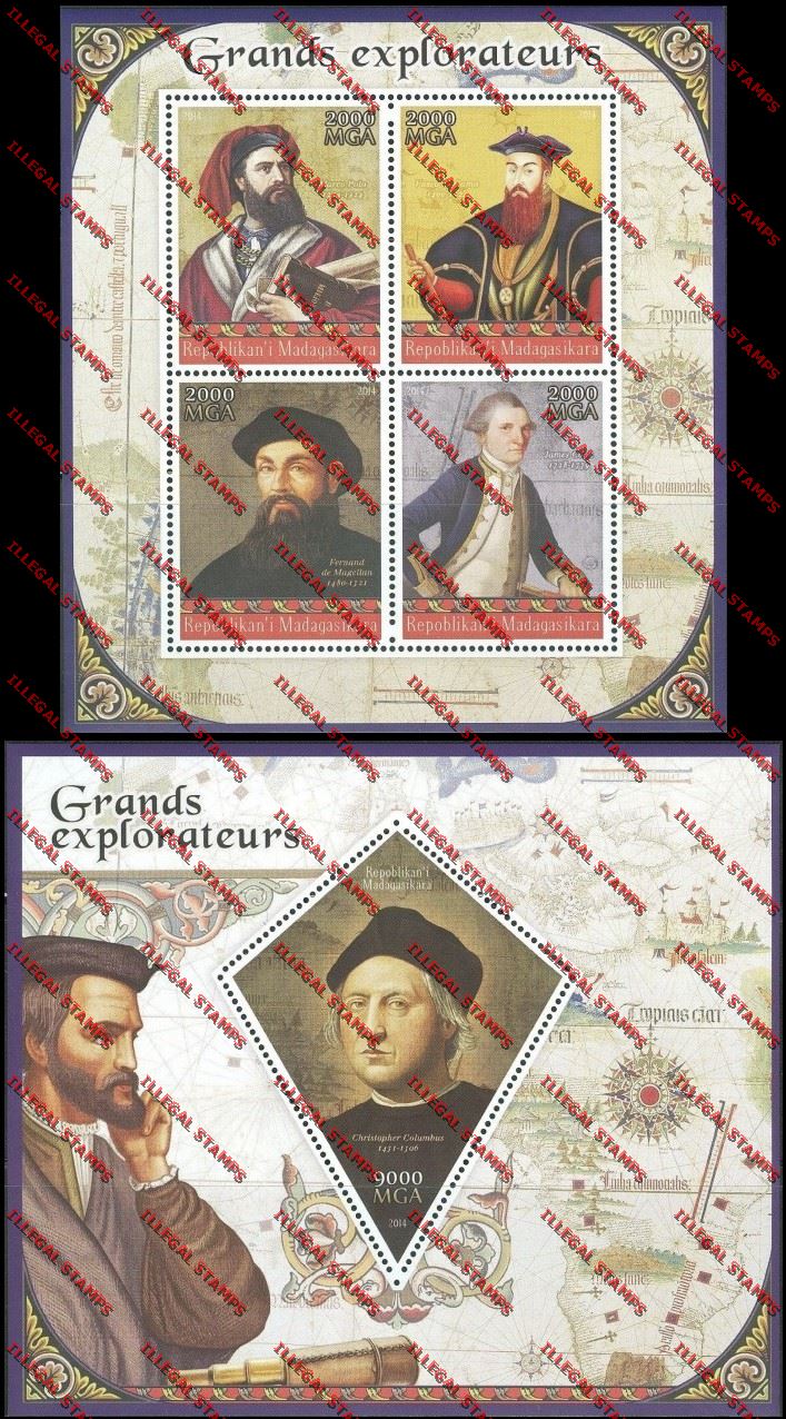 Madagascar 2014 Great Explorers Illegal Stamp Souvenir Sheet and Sheetlet Madagascar 2014 Great Explorers Illegal Stamp Souvenir Sheet and Sheetlet