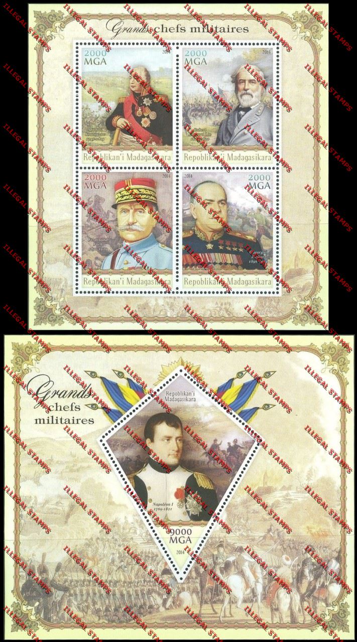 Madagascar 2014 Great Military Leaders Illegal Stamp Souvenir Sheet and Sheetlet Madagascar 2014 Great Military Leaders Illegal Stamp Souvenir Sheet and Sheetlet