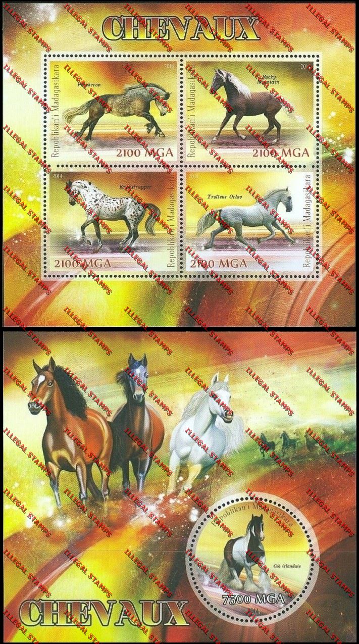 Madagascar 2014 Horses Illegal Stamp Souvenir Sheet and Sheetlet Madagascar 2014 Horses Illegal Stamp Souvenir Sheet and Sheetlet