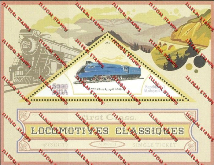 Madagascar 2014 Classic Locomotives First Class Illegal Stamp Souvenir Sheet Madagascar 2014 Classic Locomotives First Class Illegal Stamp Souvenir Sheet