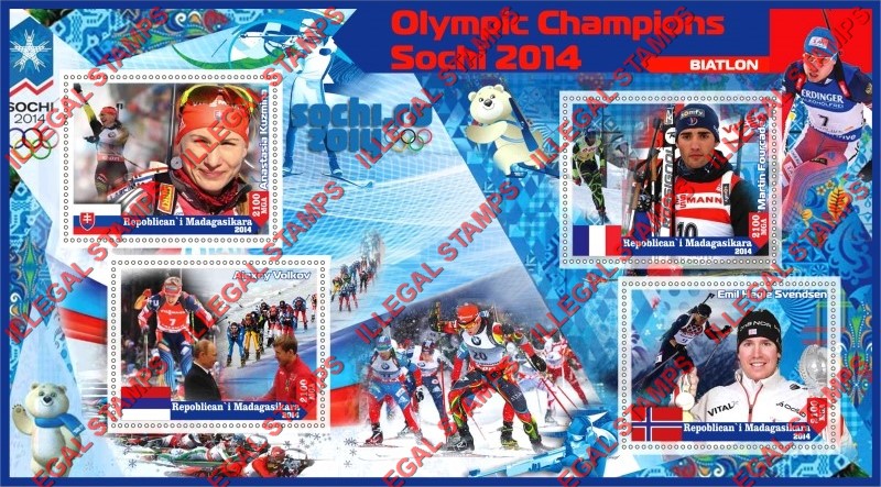 Madagascar 2014 Olympic Champions Biathlon (spelled Biatlon) Illegal Stamp Souvenir Sheet of 4 Madagascar 2014 Olympic Champions Biathlon (spelled Biatlon) Illegal Stamp Souvenir Sheet of 4