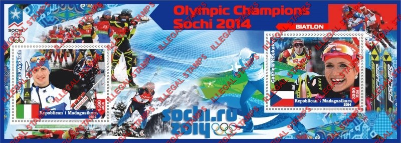Madagascar 2014 Olympic Champions Biathlon (spelled Biatlon) Illegal Stamp Souvenir Sheet of 2 Madagascar 2014 Olympic Champions Biathlon (spelled Biatlon) Illegal Stamp Souvenir Sheet of 2
