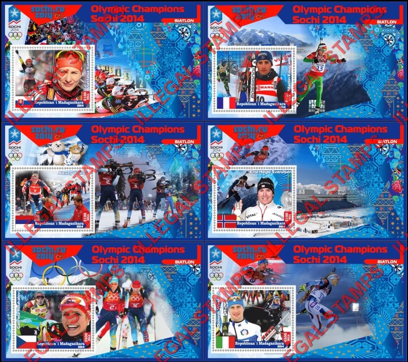 Madagascar 2014 Olympic Champions Biathlon (spelled Biatlon) Illegal Stamp Souvenir Sheets of 1 Madagascar 2014 Olympic Champions Biathlon (spelled Biatlon) Illegal Stamp Souvenir Sheets of 1