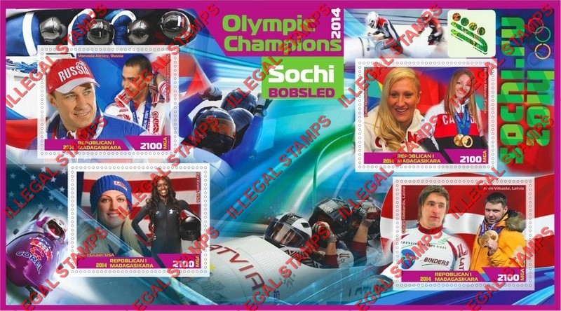 Madagascar 2014 Olympic Champions Bobsled Illegal Stamp Souvenir Sheet of 4 Madagascar 2014 Olympic Champions Bobsled Illegal Stamp Souvenir Sheet of 4