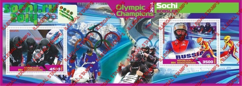 Madagascar 2014 Olympic Champions Bobsled Illegal Stamp Souvenir Sheet of 2 Madagascar 2014 Olympic Champions Bobsled Illegal Stamp Souvenir Sheet of 2