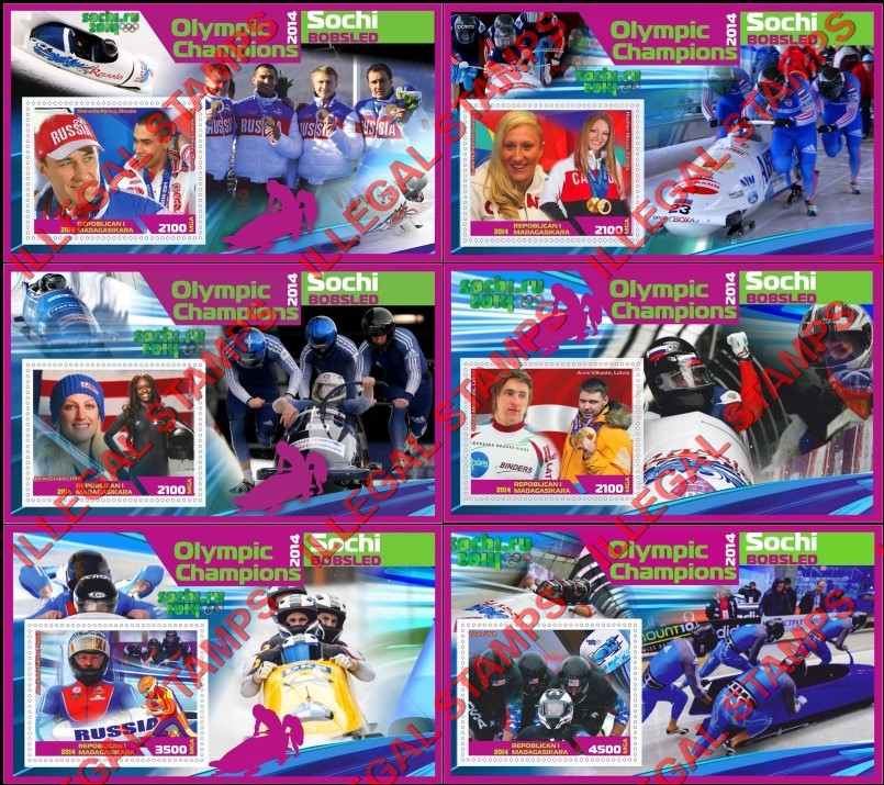 Madagascar 2014 Olympic Champions Bobsled Illegal Stamp Souvenir Sheets of 1 Madagascar 2014 Olympic Champions Bobsled Illegal Stamp Souvenir Sheets of 1