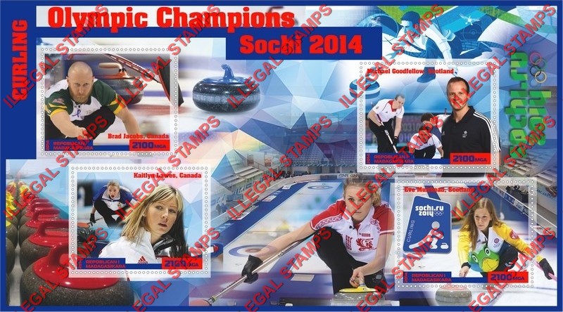 Madagascar 2014 Olympic Champions Curling Illegal Stamp Souvenir Sheet of 4 Madagascar 2014 Olympic Champions Curling Illegal Stamp Souvenir Sheet of 4