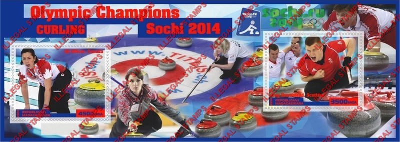 Madagascar 2014 Olympic Champions Curling Illegal Stamp Souvenir Sheet of 2 Madagascar 2014 Olympic Champions Curling Illegal Stamp Souvenir Sheet of 2
