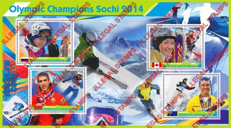 Madagascar 2014 Olympic Champions Freestyle Illegal Stamp Souvenir Sheet of 4 Madagascar 2014 Olympic Champions Freestyle Illegal Stamp Souvenir Sheet of 4
