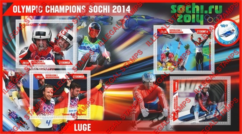 Madagascar 2014 Olympic Champions Luge Illegal Stamp Souvenir Sheet of 4 Madagascar 2014 Olympic Champions Luge Illegal Stamp Souvenir Sheet of 4