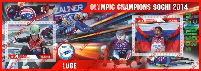 Madagascar 2014 Olympic Champions Luge Illegal Stamp Souvenir Sheet of 2 Madagascar 2014 Olympic Champions Luge Illegal Stamp Souvenir Sheet of 2