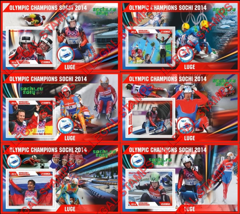 Madagascar 2014 Olympic Champions Luge Illegal Stamp Souvenir Sheets of 1 Madagascar 2014 Olympic Champions Luge Illegal Stamp Souvenir Sheets of 1