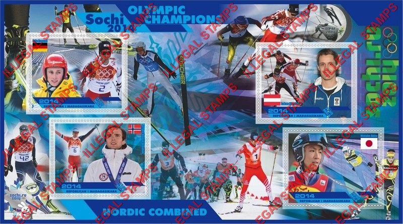 Madagascar 2014 Olympic Champions Nordic Combined Illegal Stamp Souvenir Sheet of 4 Madagascar 2014 Olympic Champions Nordic Combined Illegal Stamp Souvenir Sheet of 4