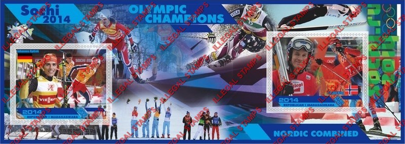 Madagascar 2014 Olympic Champions Nordic Combined Illegal Stamp Souvenir Sheet of 2 Madagascar 2014 Olympic Champions Nordic Combined Illegal Stamp Souvenir Sheet of 2