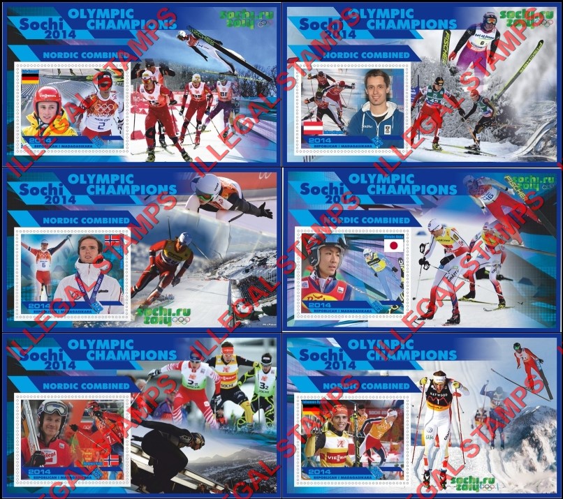 Madagascar 2014 Olympic Champions Nordic Combined Illegal Stamp Souvenir Sheets of 1 Madagascar 2014 Olympic Champions Nordic Combined Illegal Stamp Souvenir Sheets of 1