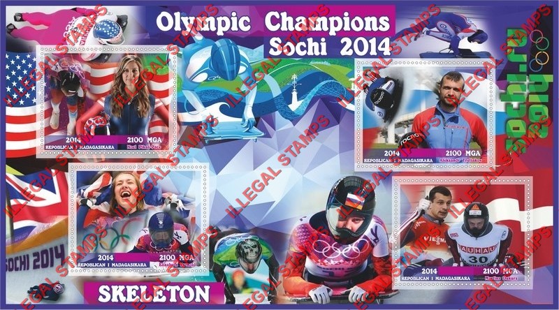 Madagascar 2014 Olympic Champions Skeleton Illegal Stamp Souvenir Sheet of 4 Madagascar 2014 Olympic Champions Skeleton Illegal Stamp Souvenir Sheet of 4