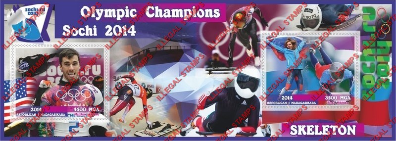 Madagascar 2014 Olympic Champions Skeleton Illegal Stamp Souvenir Sheet of 2 Madagascar 2014 Olympic Champions Skeleton Illegal Stamp Souvenir Sheet of 2