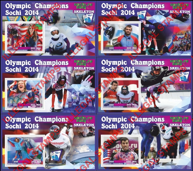 Madagascar 2014 Olympic Champions Skeleton Illegal Stamp Souvenir Sheets of 1 Madagascar 2014 Olympic Champions Skeleton Illegal Stamp Souvenir Sheets of 1