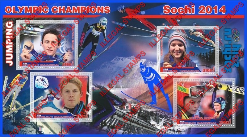 Madagascar 2014 Olympic Champions Ski Jumping Illegal Stamp Souvenir Sheet of 4 Madagascar 2014 Olympic Champions Ski Jumping Illegal Stamp Souvenir Sheet of 4
