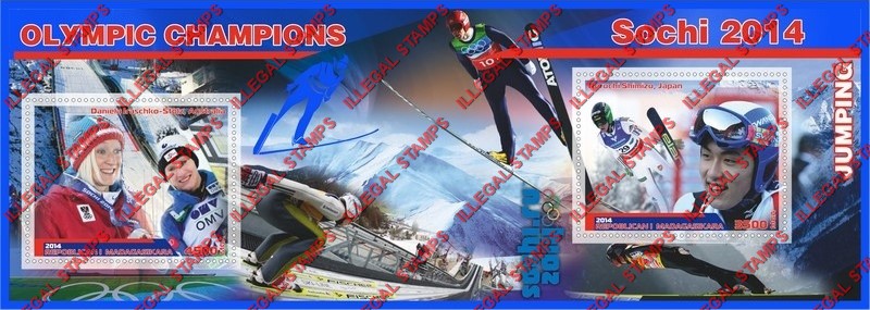Madagascar 2014 Olympic Champions Ski Jumping Illegal Stamp Souvenir Sheet of 2 Madagascar 2014 Olympic Champions Ski Jumping Illegal Stamp Souvenir Sheet of 2