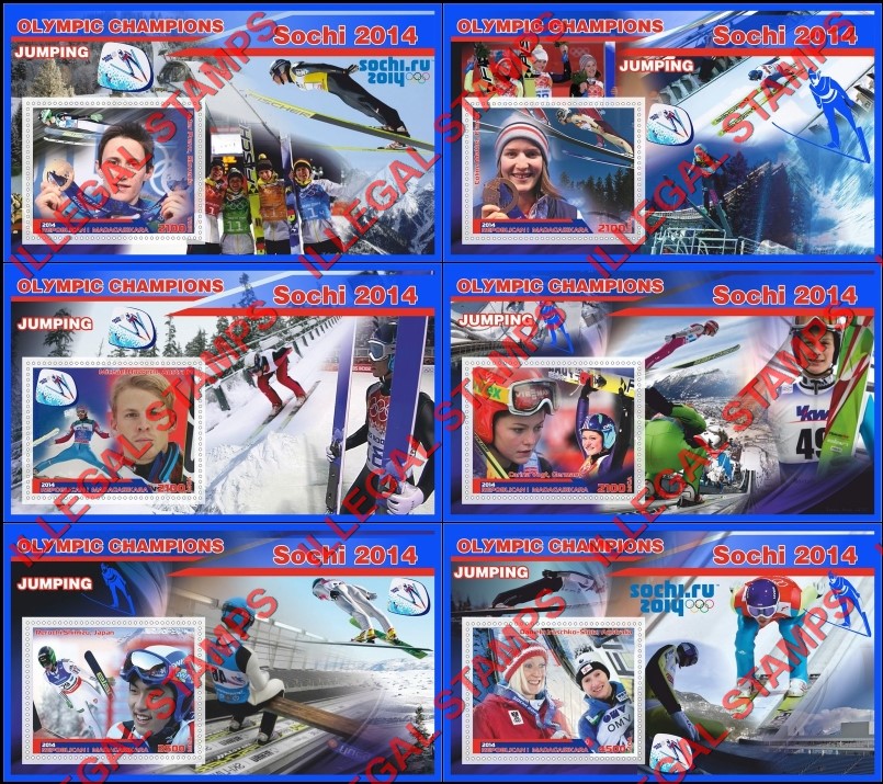 Madagascar 2014 Olympic Champions Ski Jumping Illegal Stamp Souvenir Sheets of 1 Madagascar 2014 Olympic Champions Ski Jumping Illegal Stamp Souvenir Sheets of 1