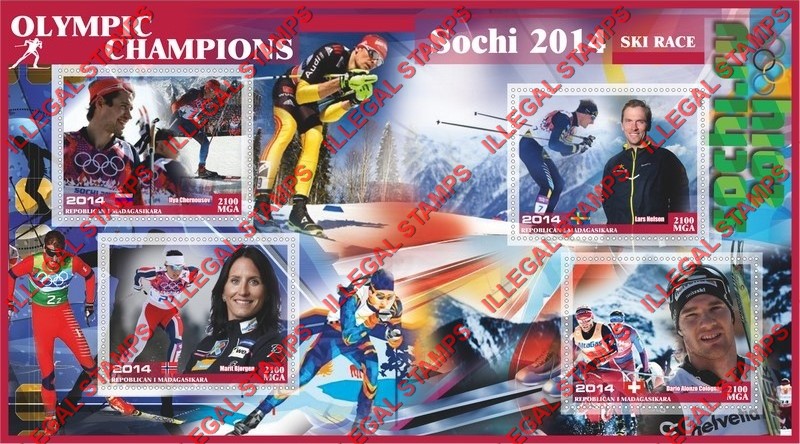 Madagascar 2014 Olympic Champions Ski Race Illegal Stamp Souvenir Sheet of 4 Madagascar 2014 Olympic Champions Ski Race Illegal Stamp Souvenir Sheet of 4