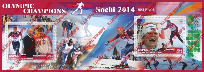 Madagascar 2014 Olympic Champions Ski Race Illegal Stamp Souvenir Sheet of 2 Madagascar 2014 Olympic Champions Ski Race Illegal Stamp Souvenir Sheet of 2