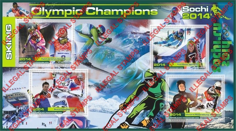 Madagascar 2014 Olympic Champions Skiing Illegal Stamp Souvenir Sheet of 4 Madagascar 2014 Olympic Champions Skiing Illegal Stamp Souvenir Sheet of 4