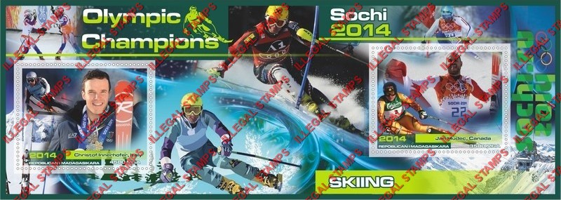 Madagascar 2014 Olympic Champions Skiing Illegal Stamp Souvenir Sheet of 2 Madagascar 2014 Olympic Champions Skiing Illegal Stamp Souvenir Sheet of 2