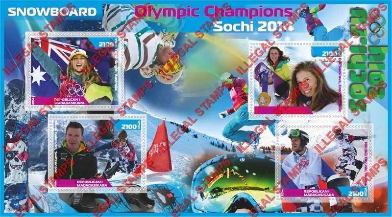 Madagascar 2014 Olympic Champions Snowboard Illegal Stamp Souvenir Sheet of 4 Madagascar 2014 Olympic Champions Snowboard Illegal Stamp Souvenir Sheet of 4
